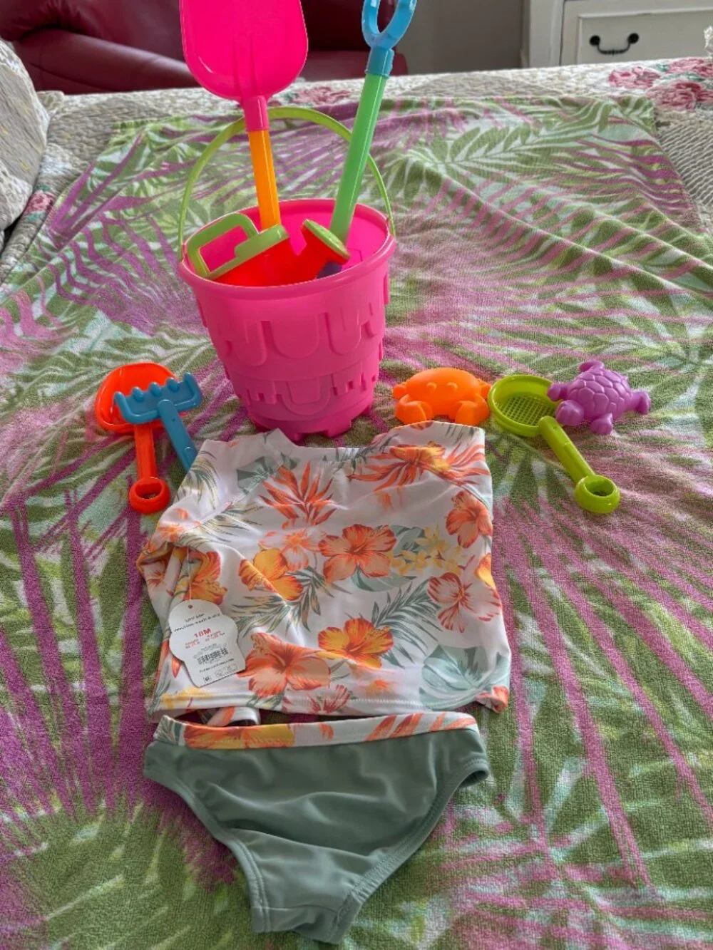 Wonder Nation Tropical Green & Orange Hibiscus Toddler Rash Guard Set Size 18 Mo